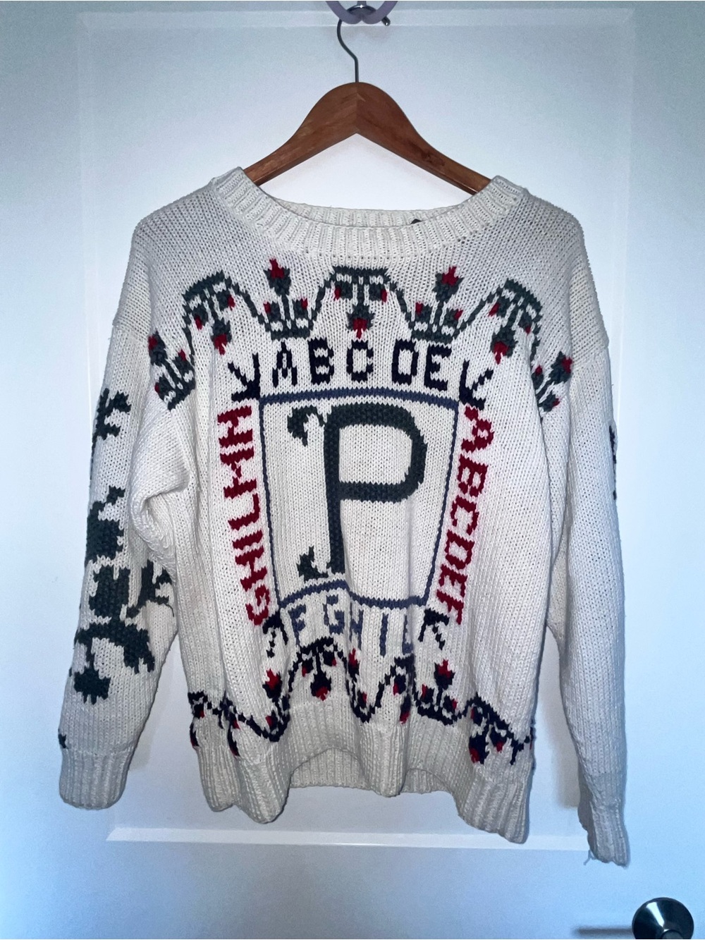 Cream Patterned Knit Sweater with Letter P